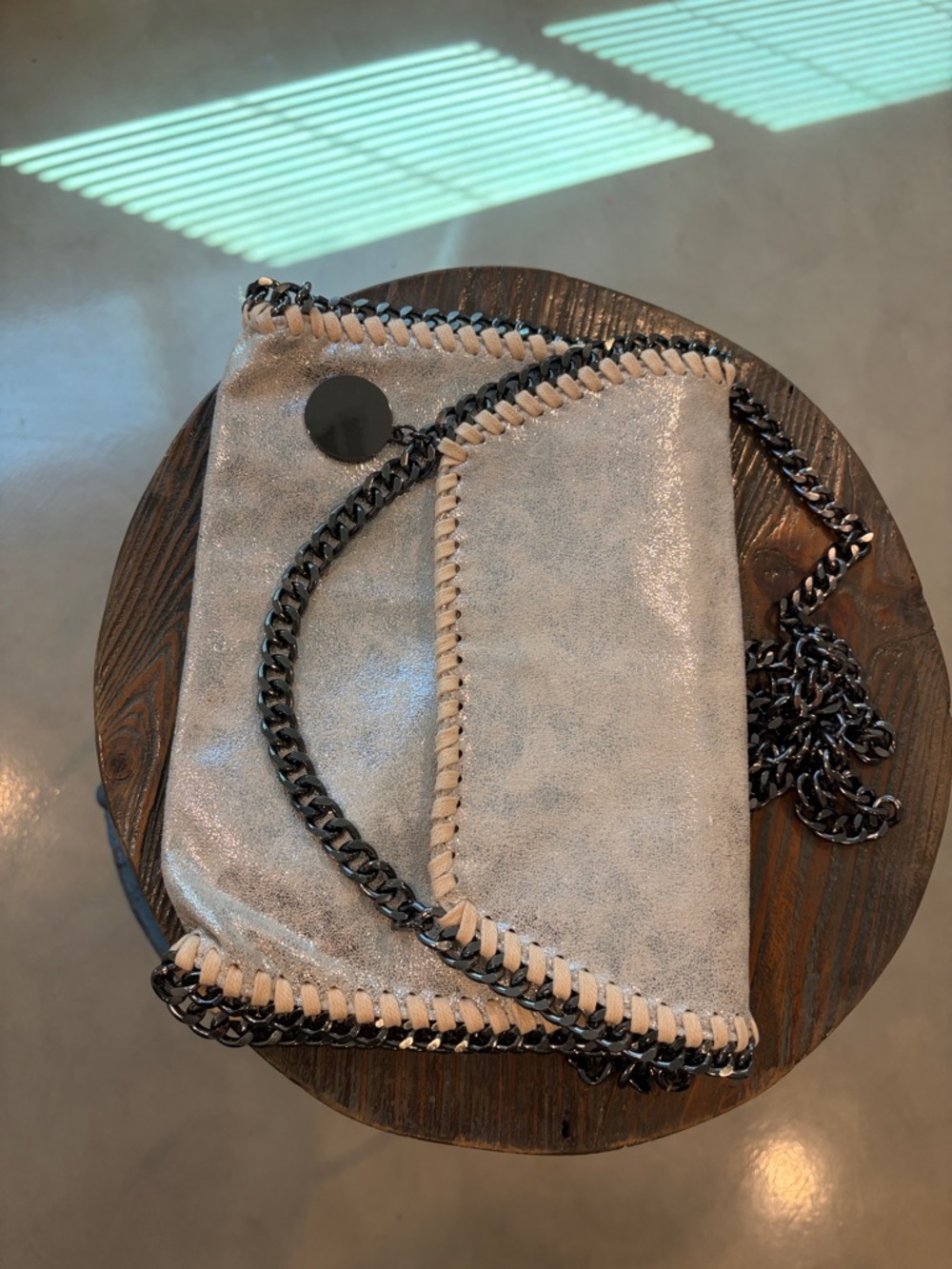 Metallic Silver Whipstitch Chain Shoulder Bag